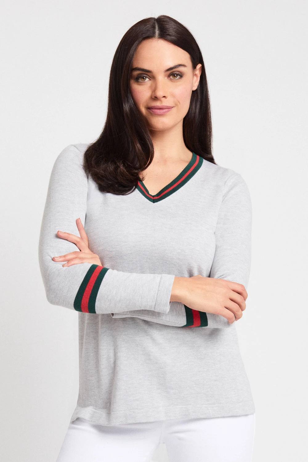 Peace of Cloth V-Neck Tipped Sweater in Flint at Village Vogue.