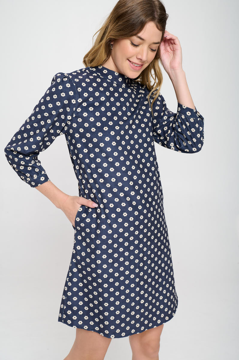 SM Wardrobe Ditsy Print Corduroy Shift Dress Close-up.
